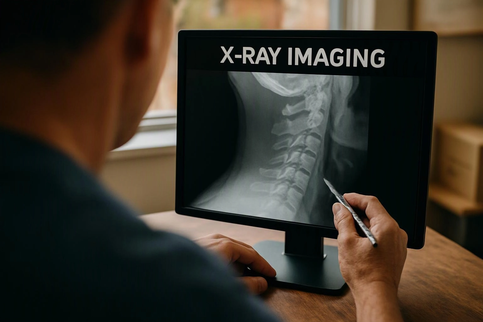A person points at a neck X-ray on a monitor labeled "X-RAY IMAGING" in a room