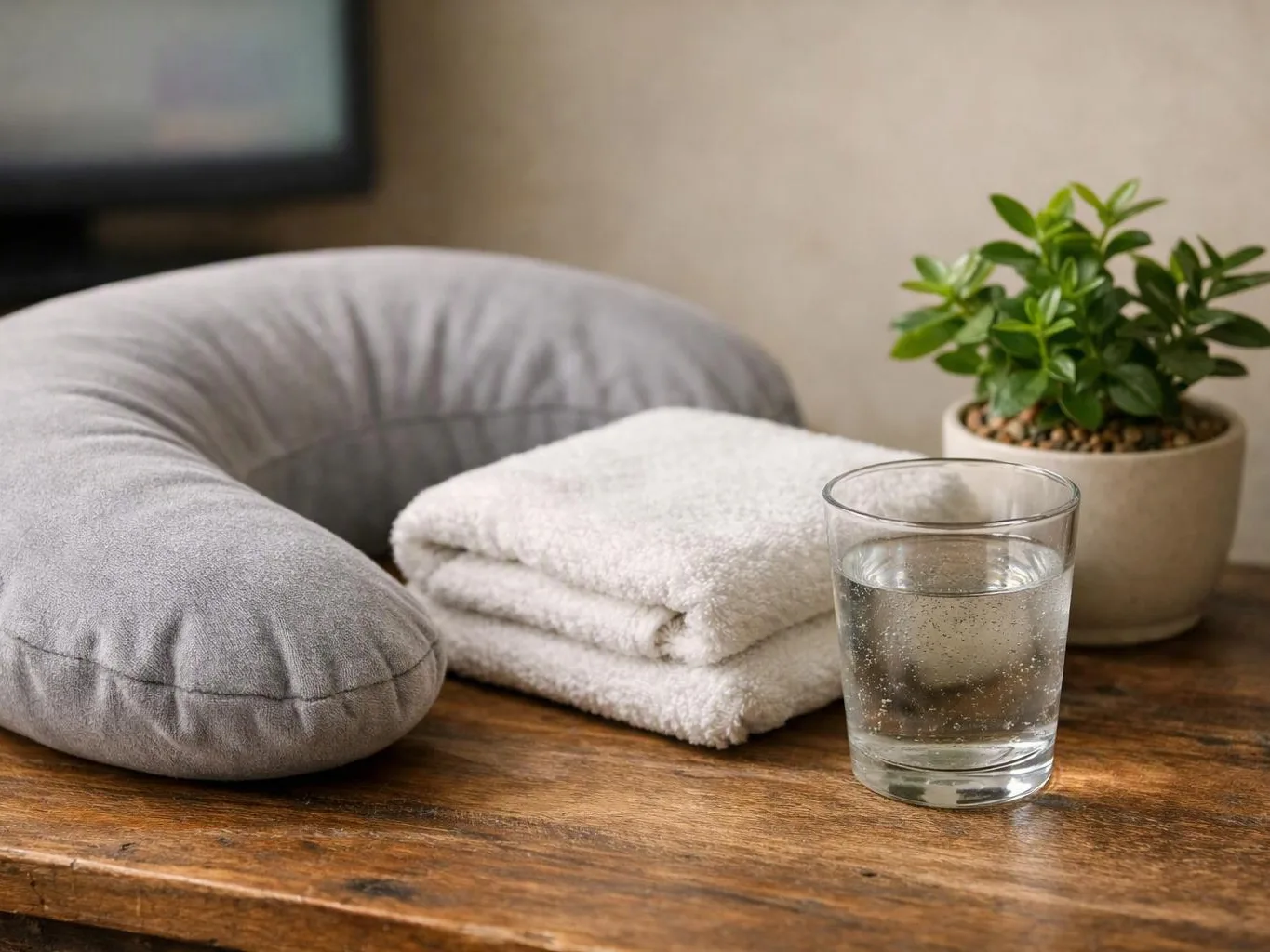 A gray neck pillow, folded white towel, glass of water, and potted plant sit on a wooden table