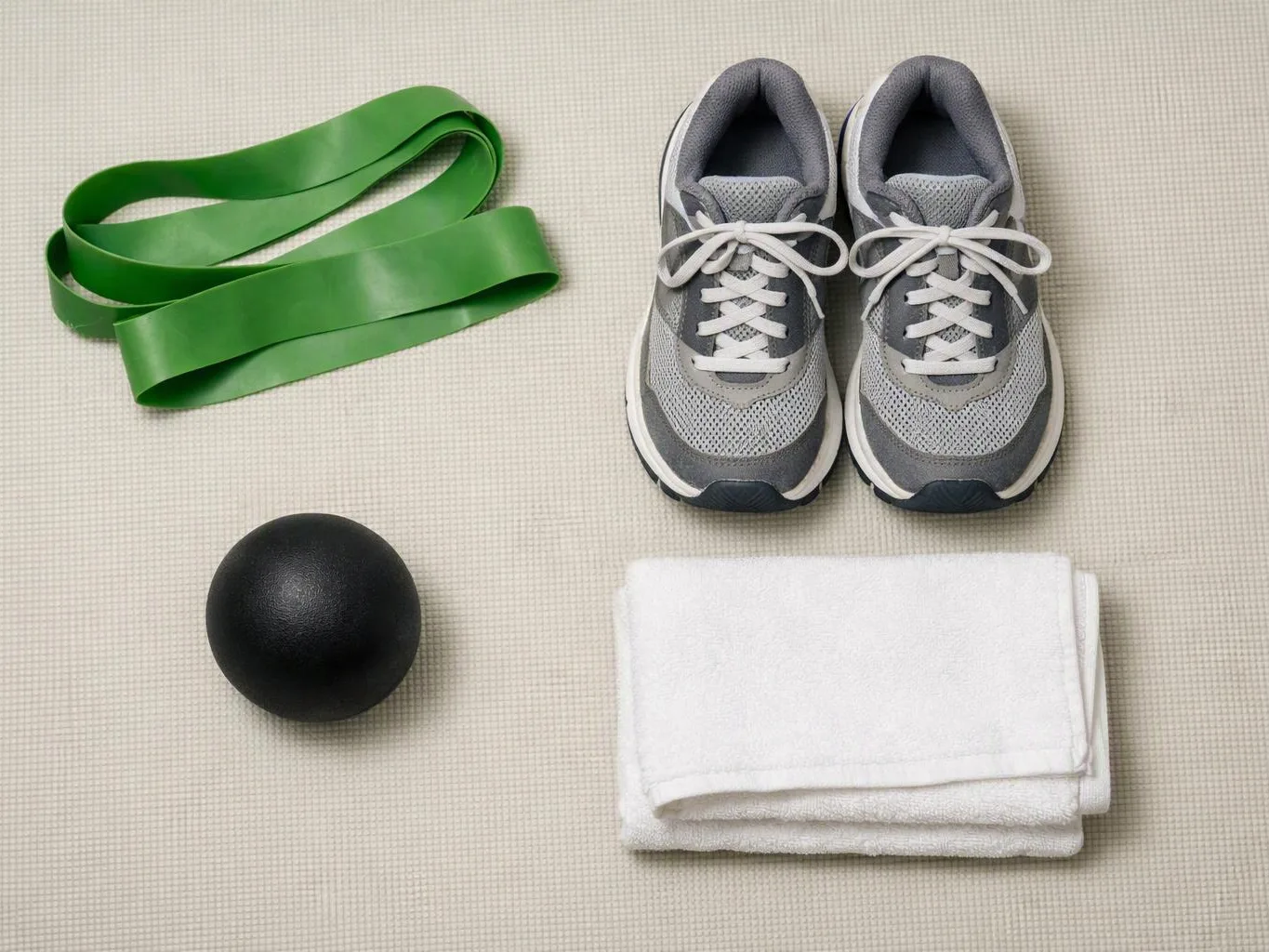 Gray sneakers, a green resistance band, a black massage ball, and folded white towels lie on a light mat