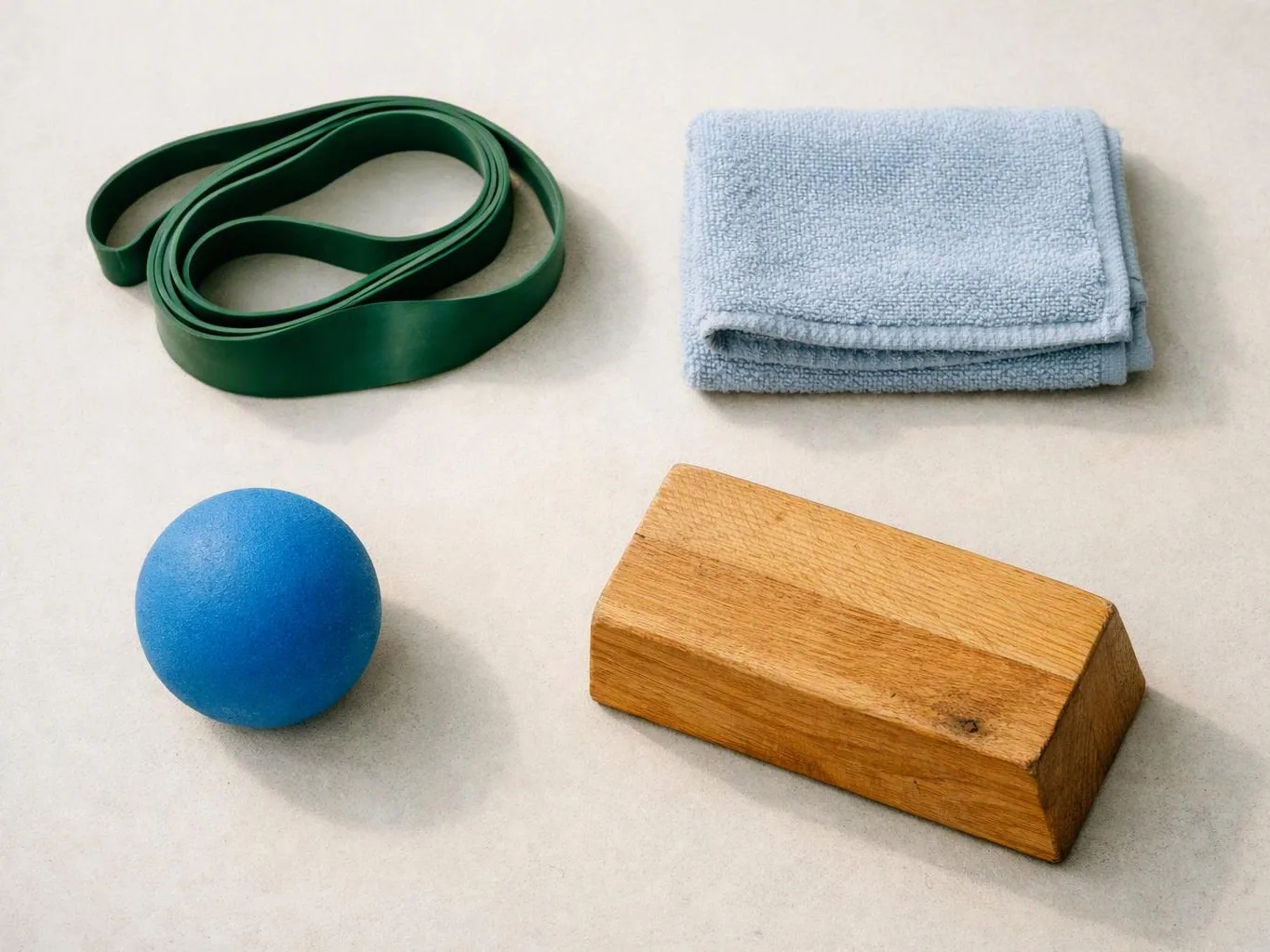 A green resistance band, folded blue towel, blue ball, and wooden block rest on a light surface