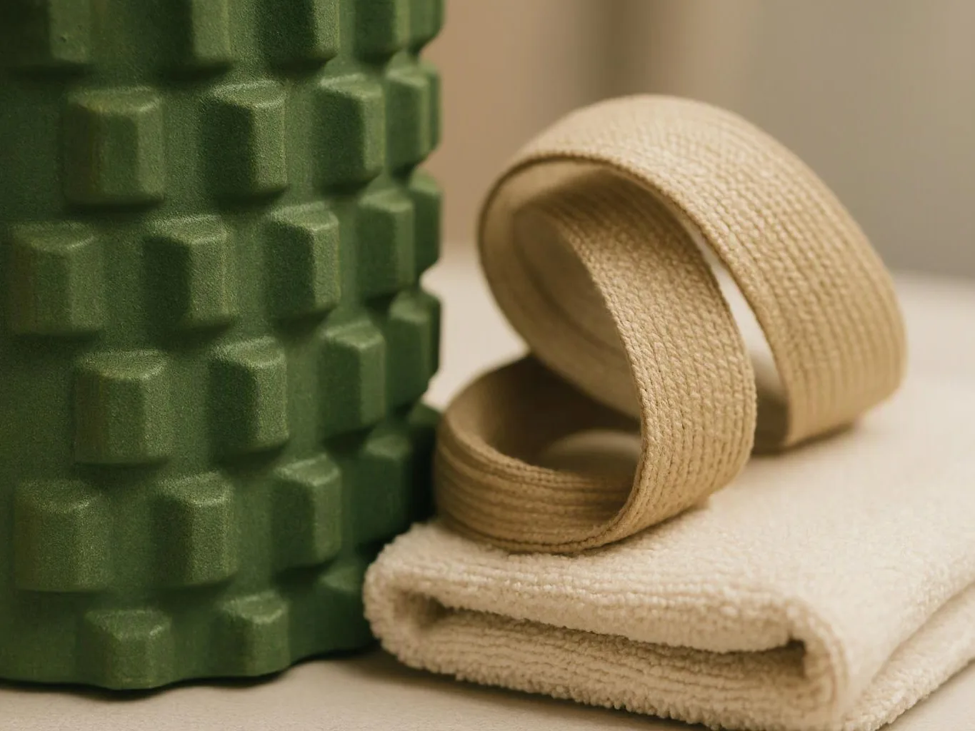 A green textured foam roller sits beside a rolled beige strap on folded cream towels