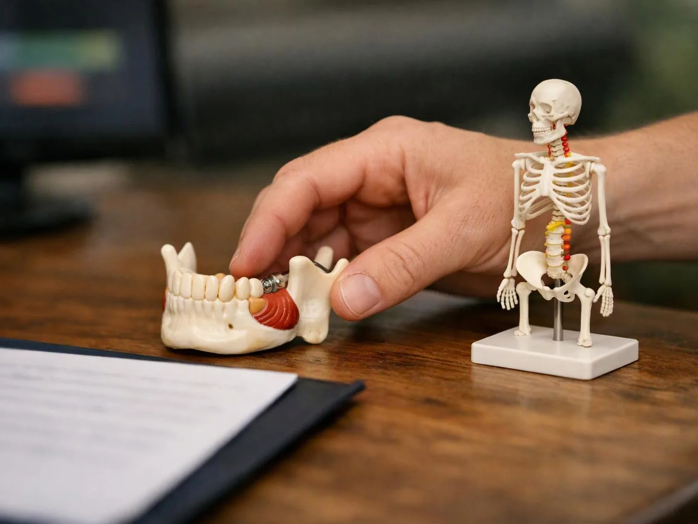 A hand adjusts a jaw model beside a small skeleton on a wooden desk