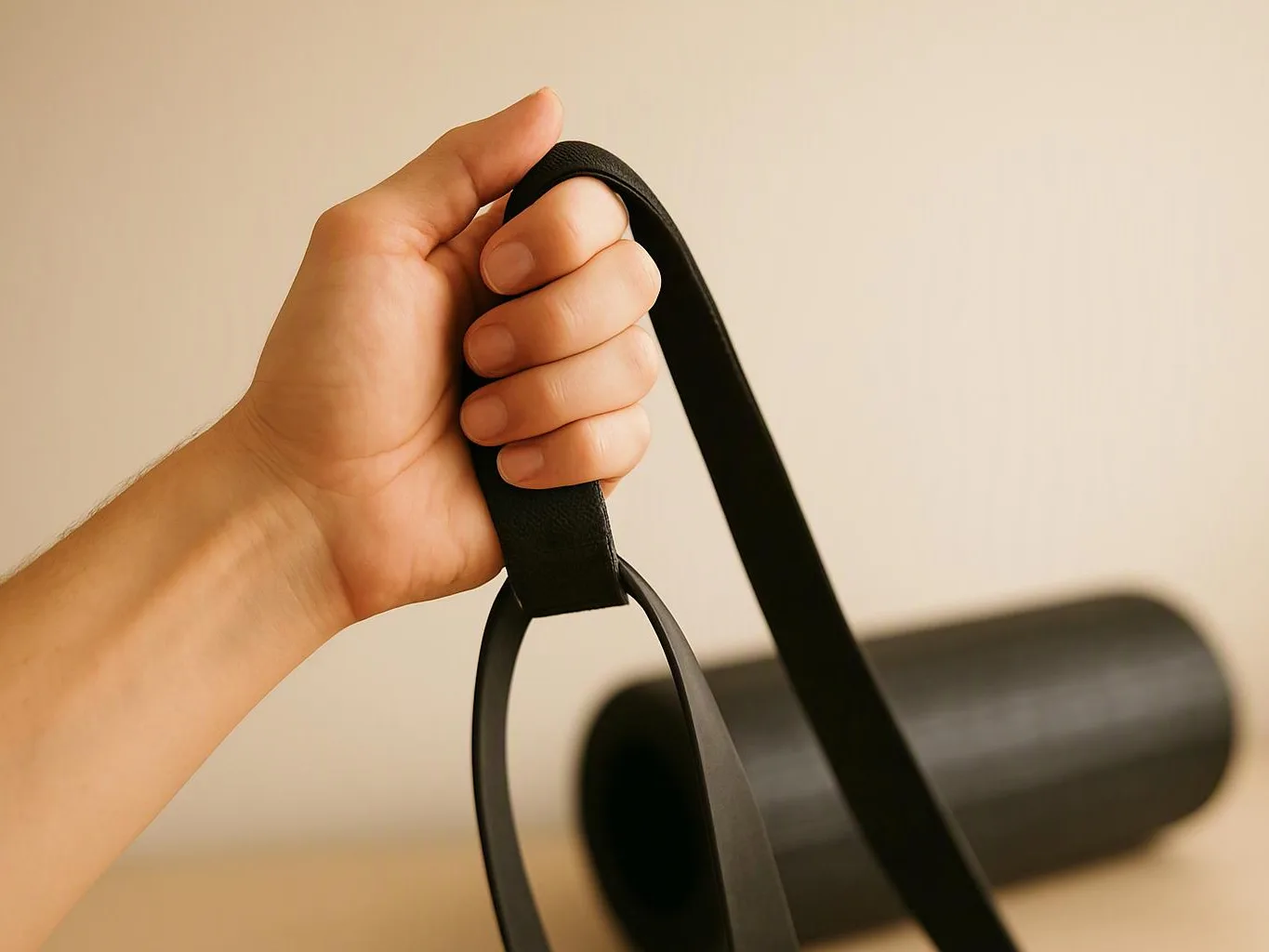 A hand grips a black exercise strap, with a rolled yoga mat blurred in the background