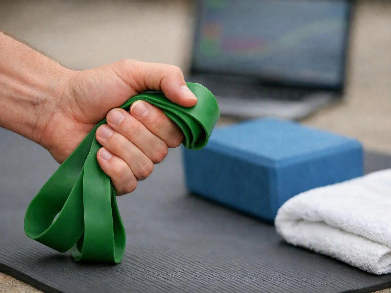 A hand grips a green exercise band beside a yoga block, towel, and laptop on a mat