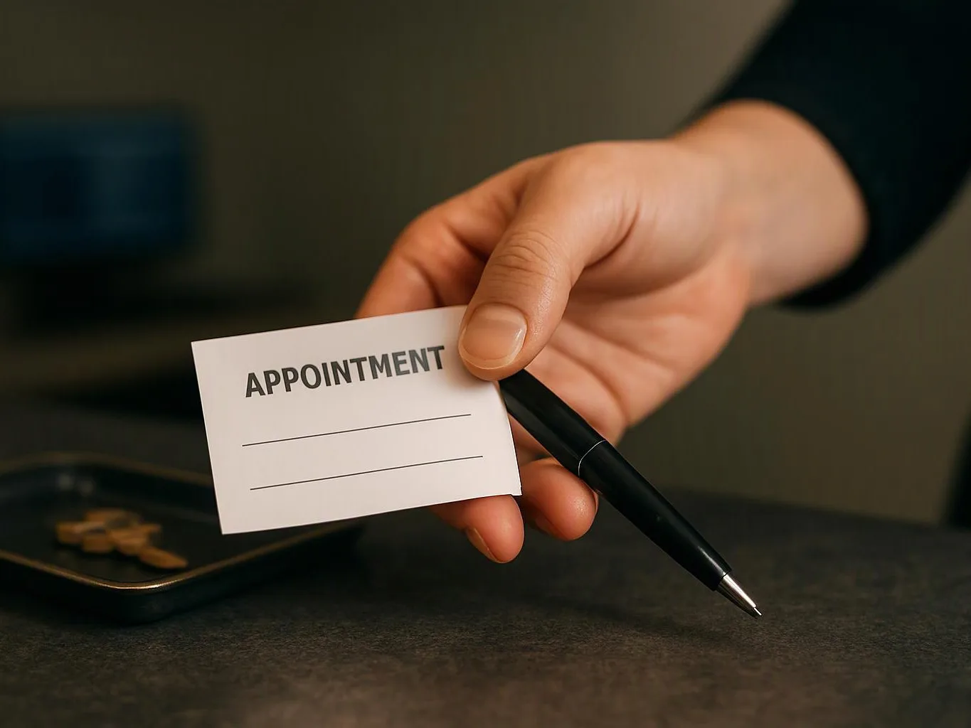 A hand holds an appointment card and pen above a dark desk
