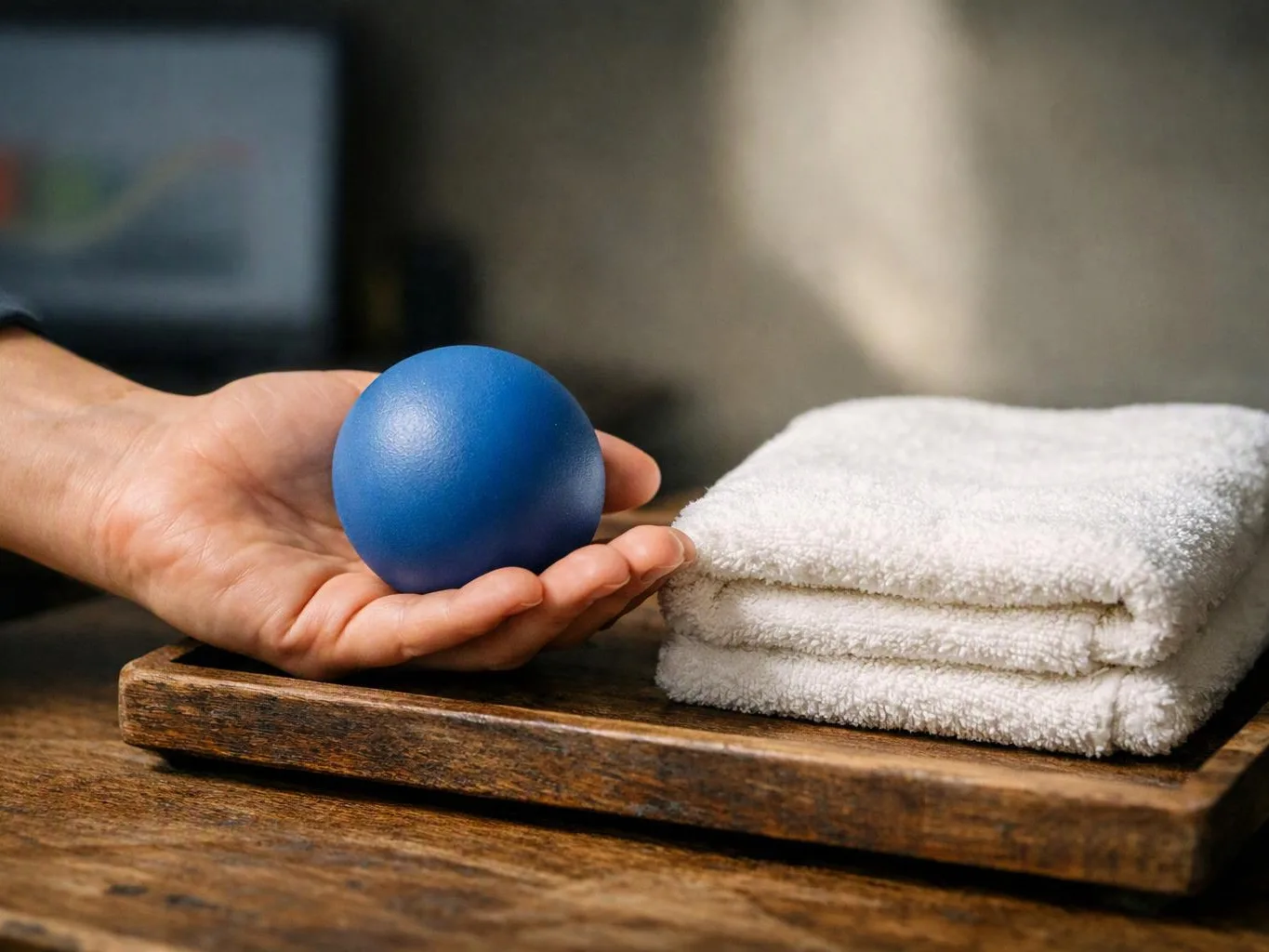 A hand holds a blue massage ball beside folded white towels on a wooden tray