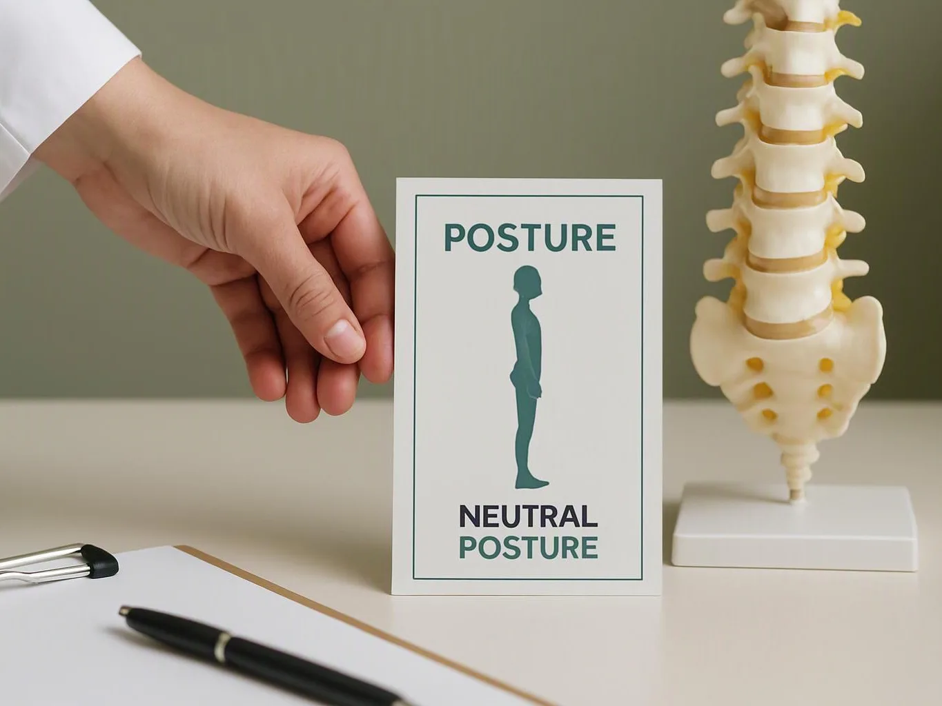 A hand holds a card labeled “POSTURE” beside a spine model on a desk