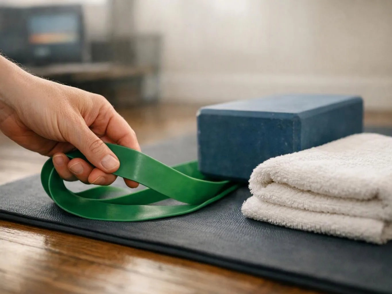 A hand holds a green exercise band beside a yoga block and folded towels on a mat