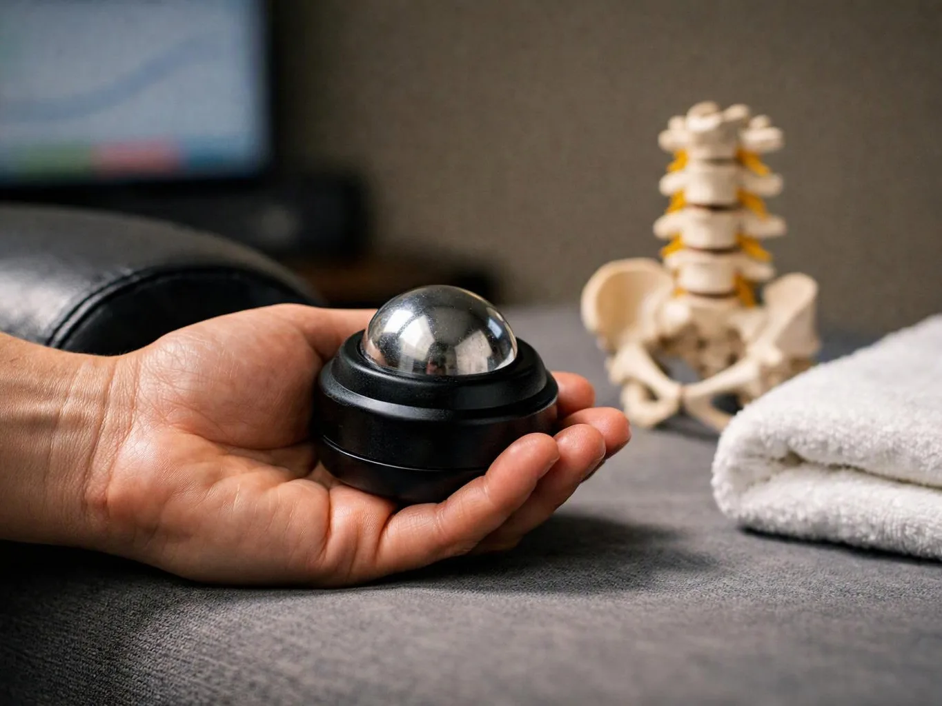 A hand holds a metal massage ball beside a spine model and folded towel on a treatment table