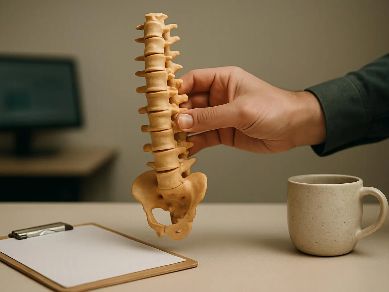 A hand holds a model spine above a desk with a mug and clipboard
