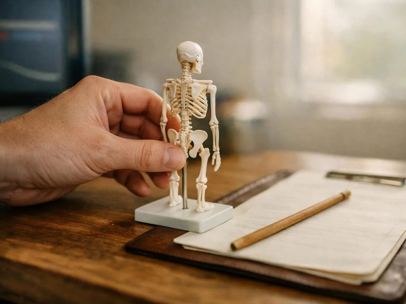 A hand holds a small skeleton model beside a notepad and pencil on a wooden desk