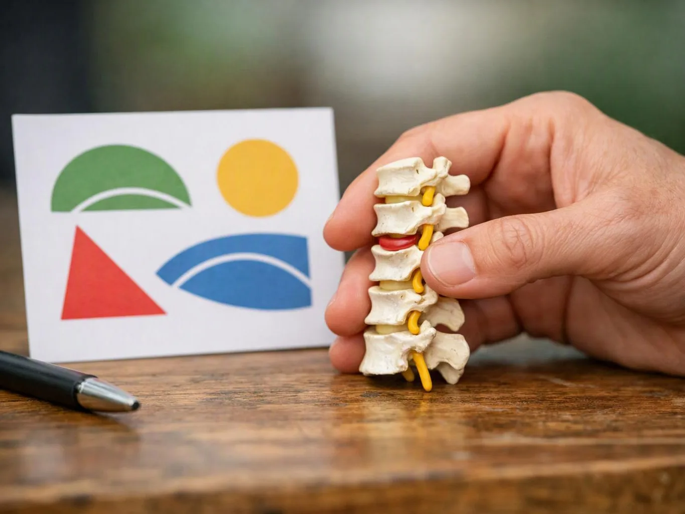 A hand holds a small spine model beside a card with colorful geometric shapes on a wooden table