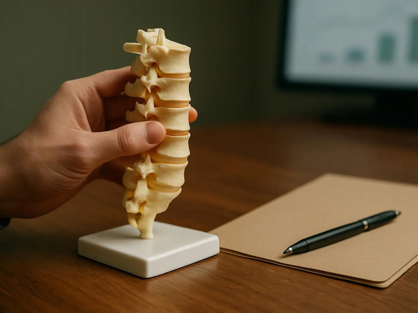 A hand holds a small spine model on a desk beside a notebook and pen