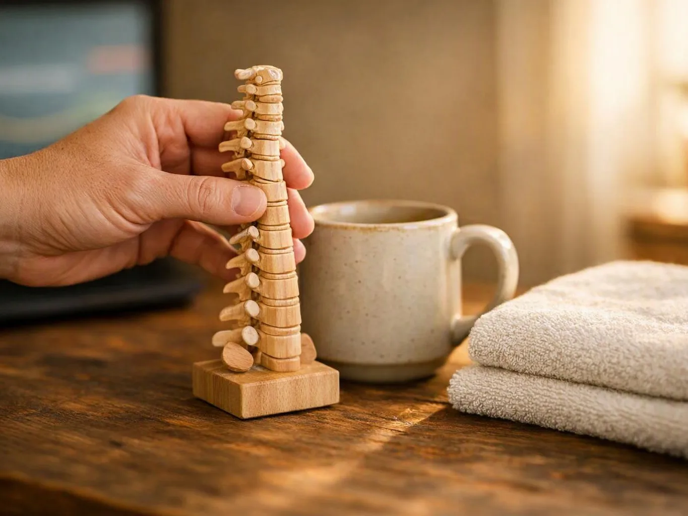 A hand holds a small wooden spine model beside a ceramic mug and folded towels on a table
