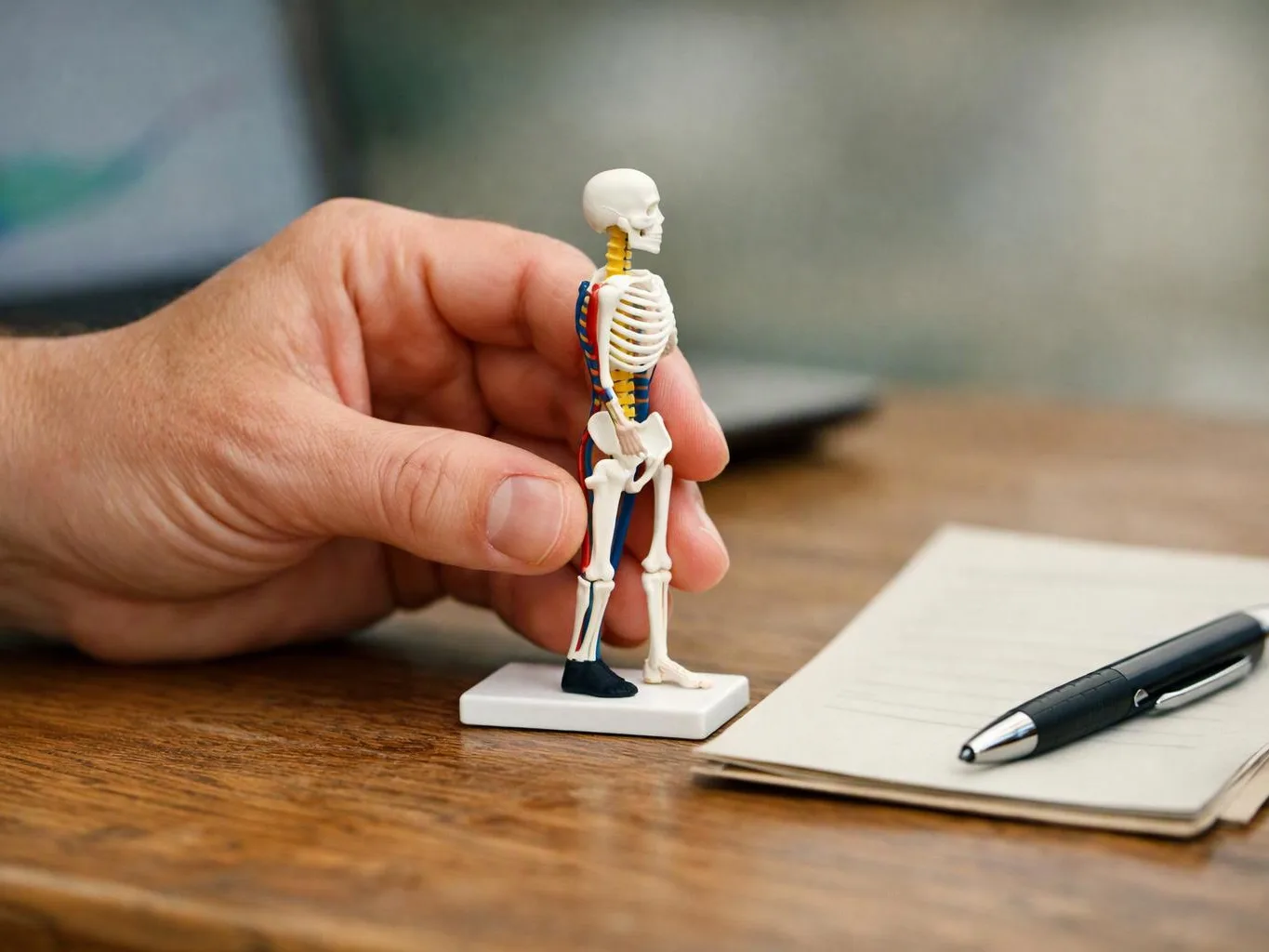 A hand holds a tiny skeleton figure on a wooden desk beside a notepad and pen
