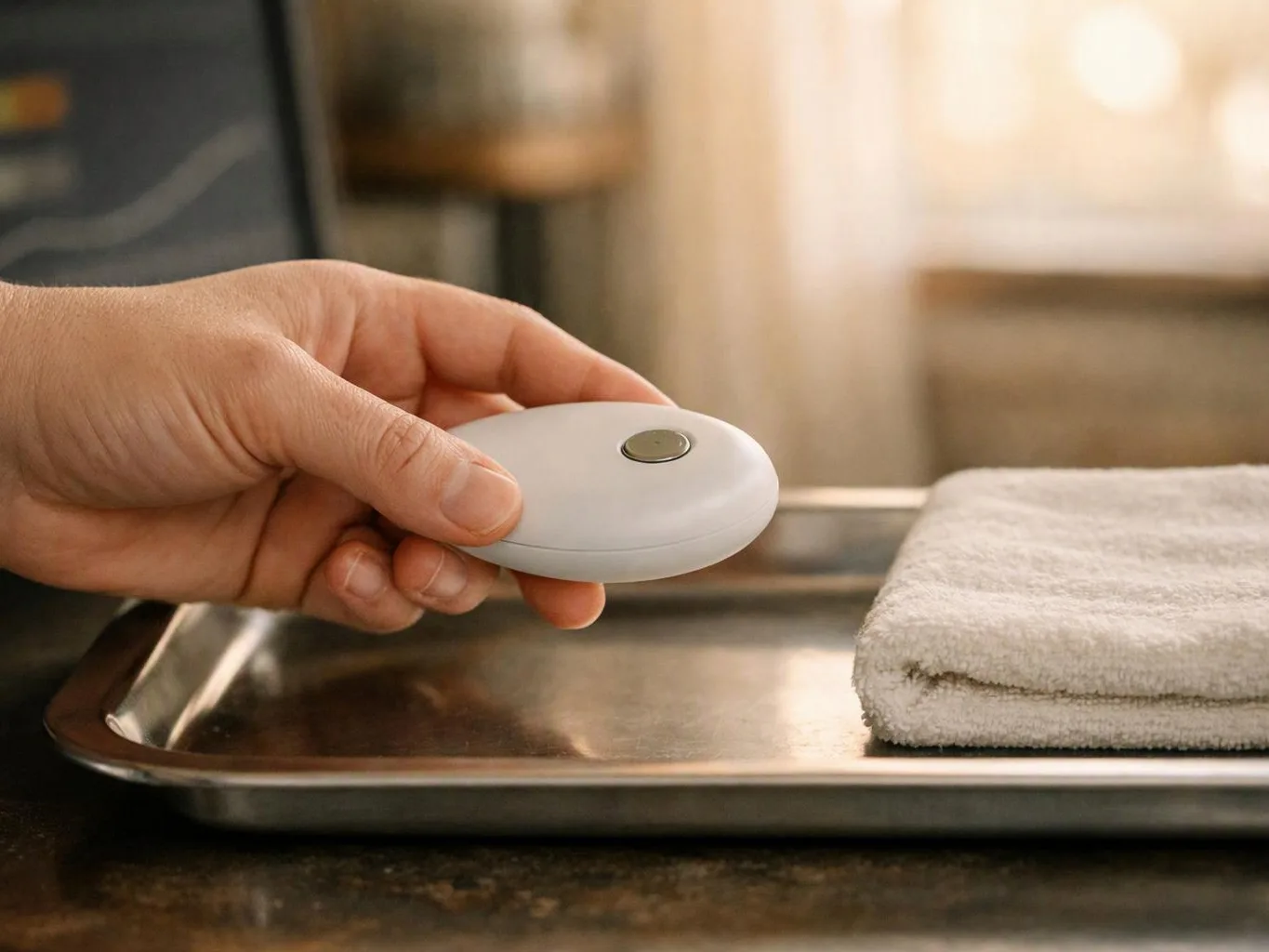 A hand holds a white oval remote above a metal tray beside a folded towel