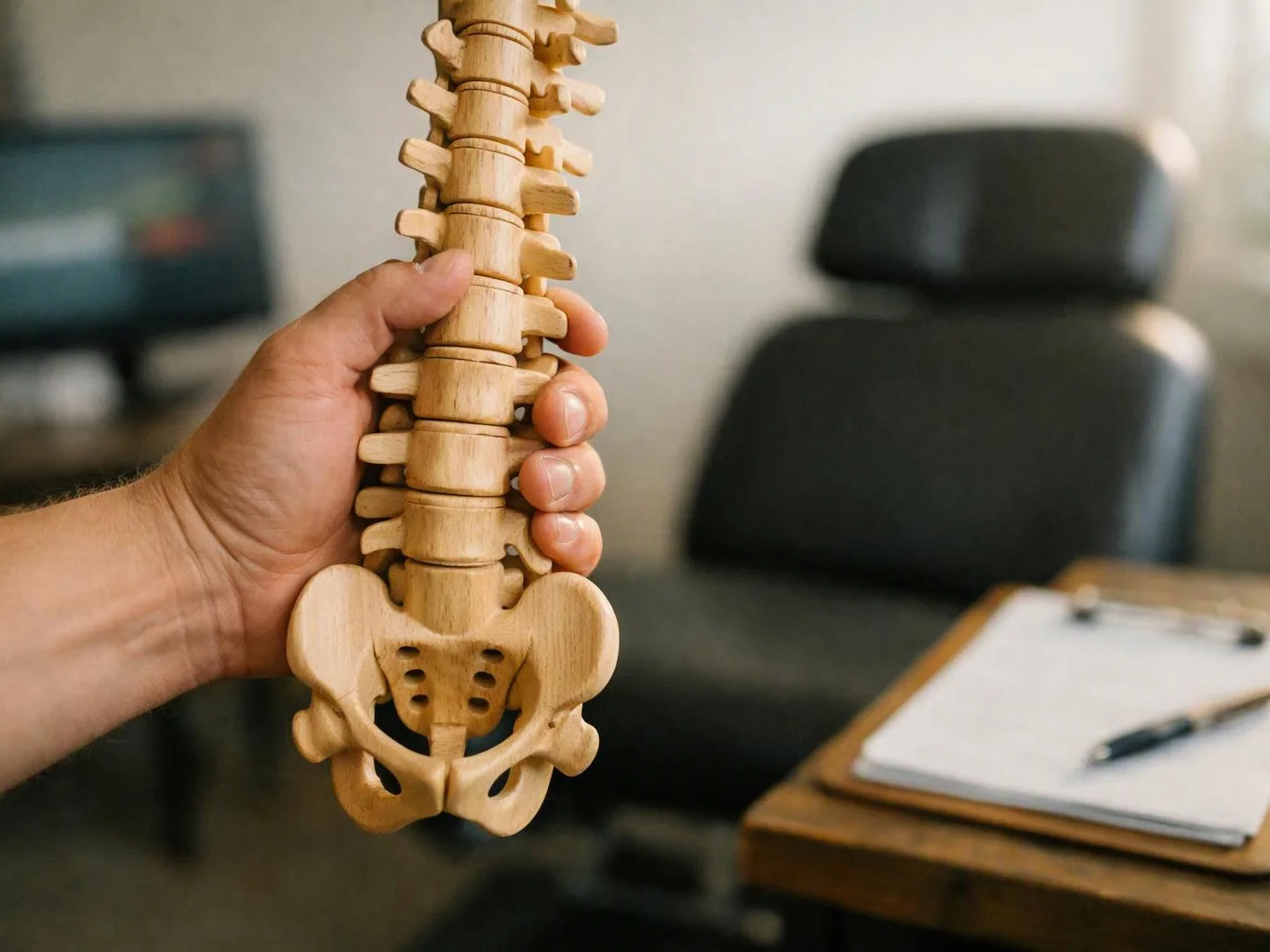 A hand holds a wooden spine model in front of a chair and clipboard in an office-like room