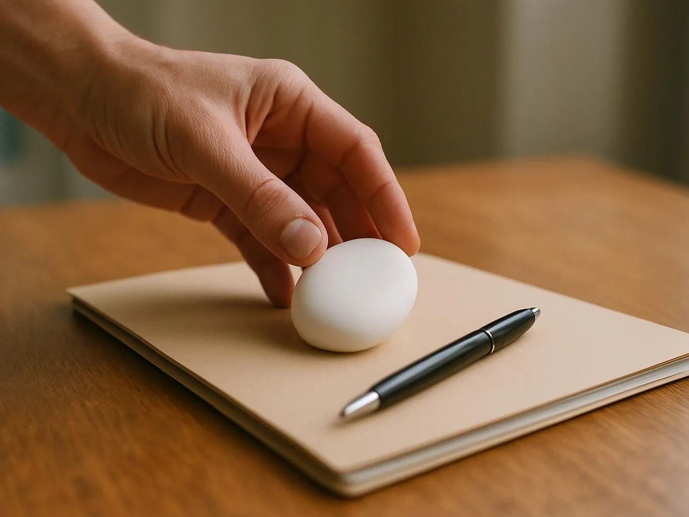 A hand places a white egg beside a black pen on a beige notebook on a wooden table
