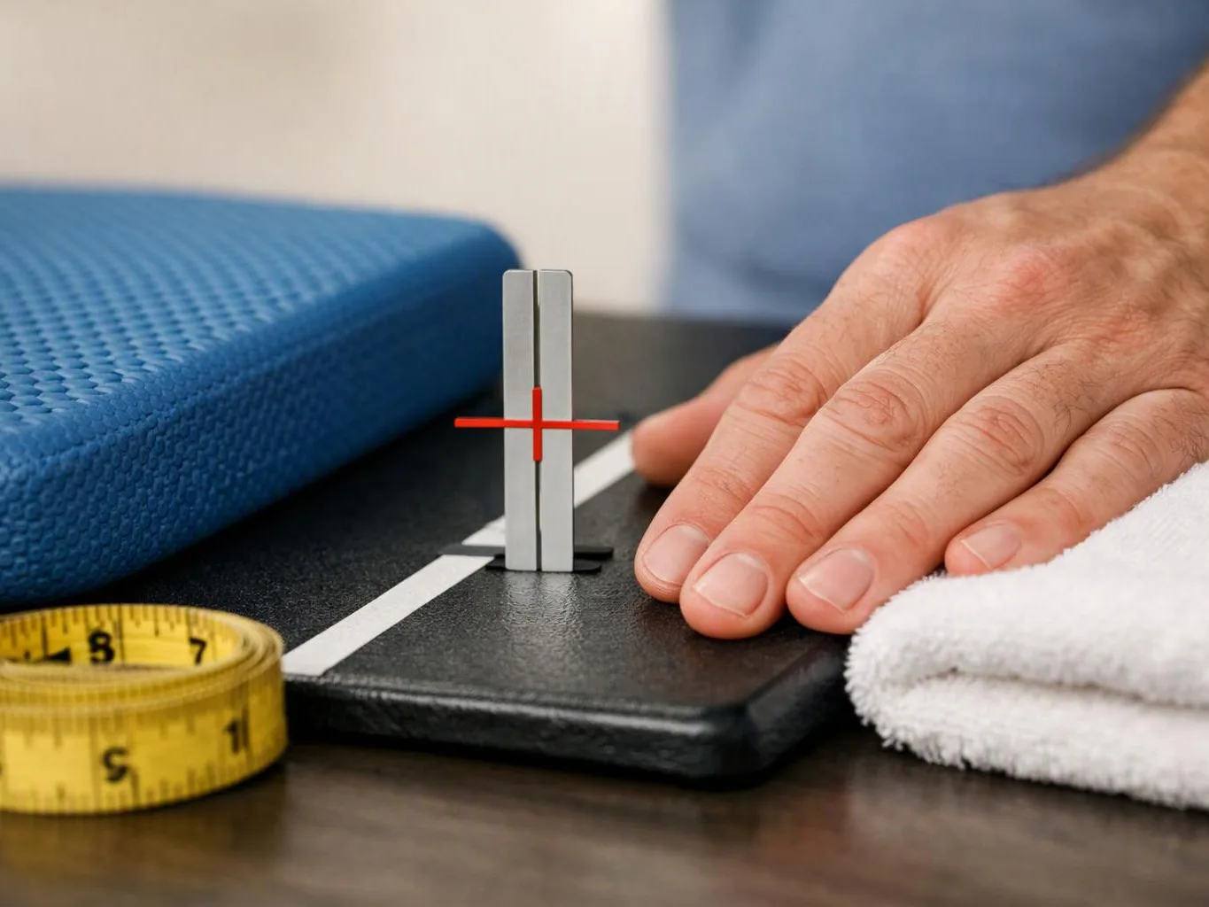 A hand presses beside a small measuring gauge on a black mat, with a blue pad, tape measure, and towel nearby