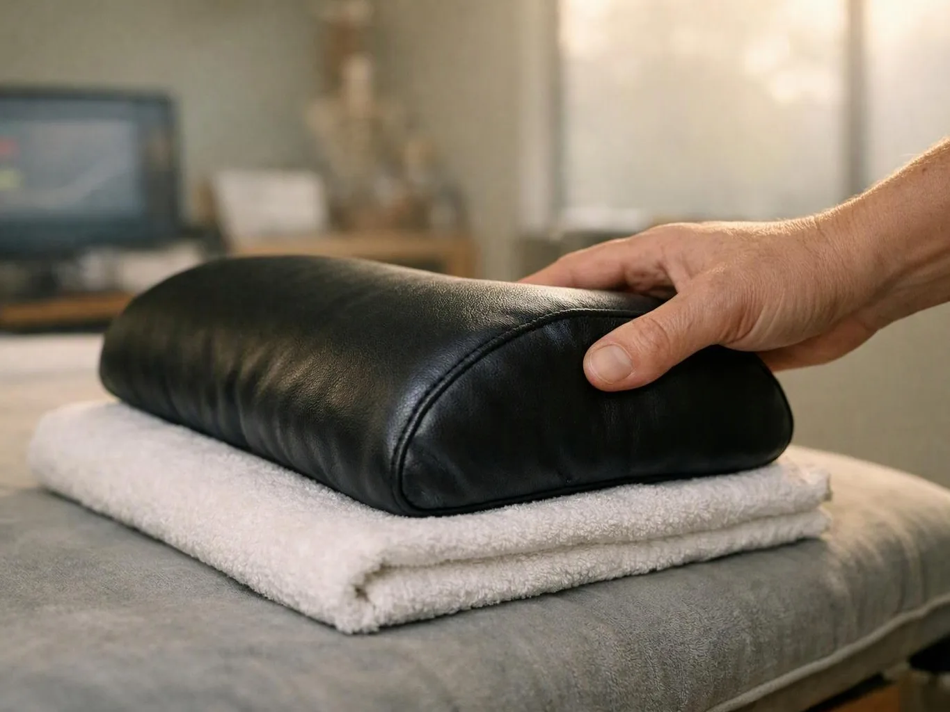 A hand presses a black cylindrical cushion on folded white towels in a softly lit room