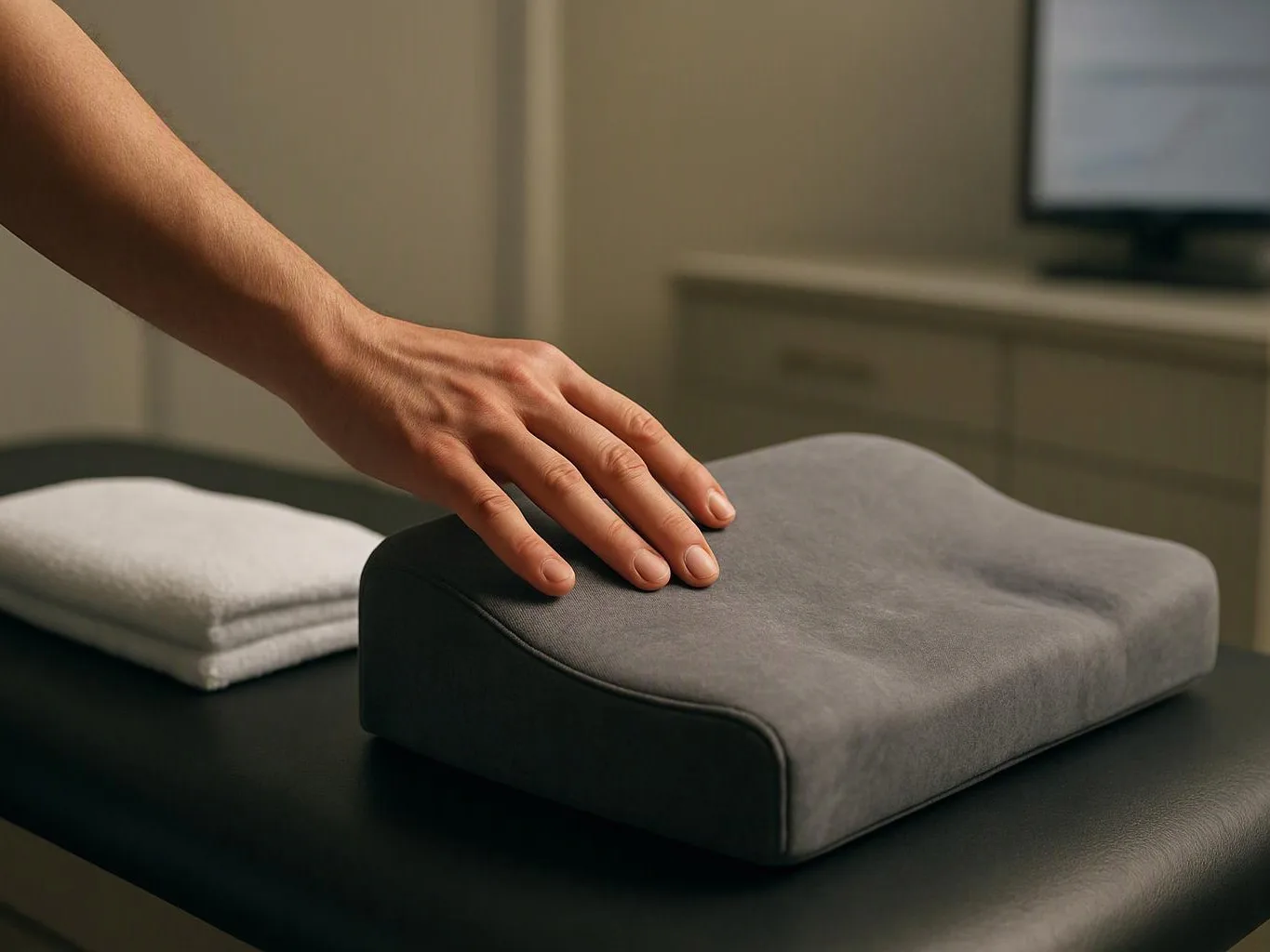 A hand presses a gray memory foam cushion on a black table in a quiet room