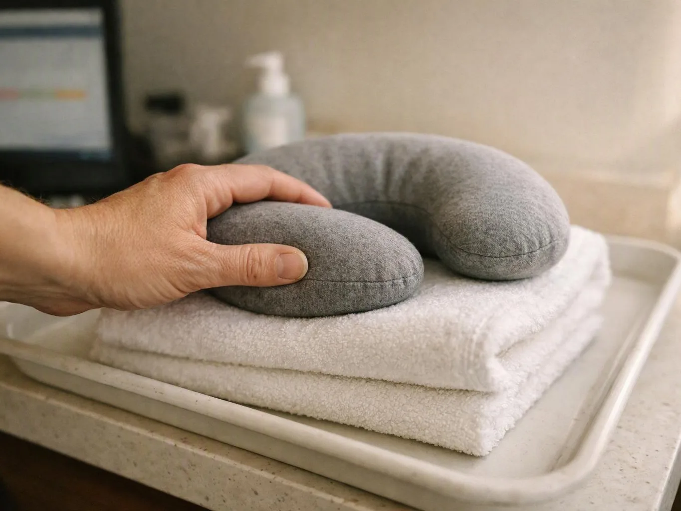 A hand presses a gray travel neck pillow on folded white towels in a bathroom tray