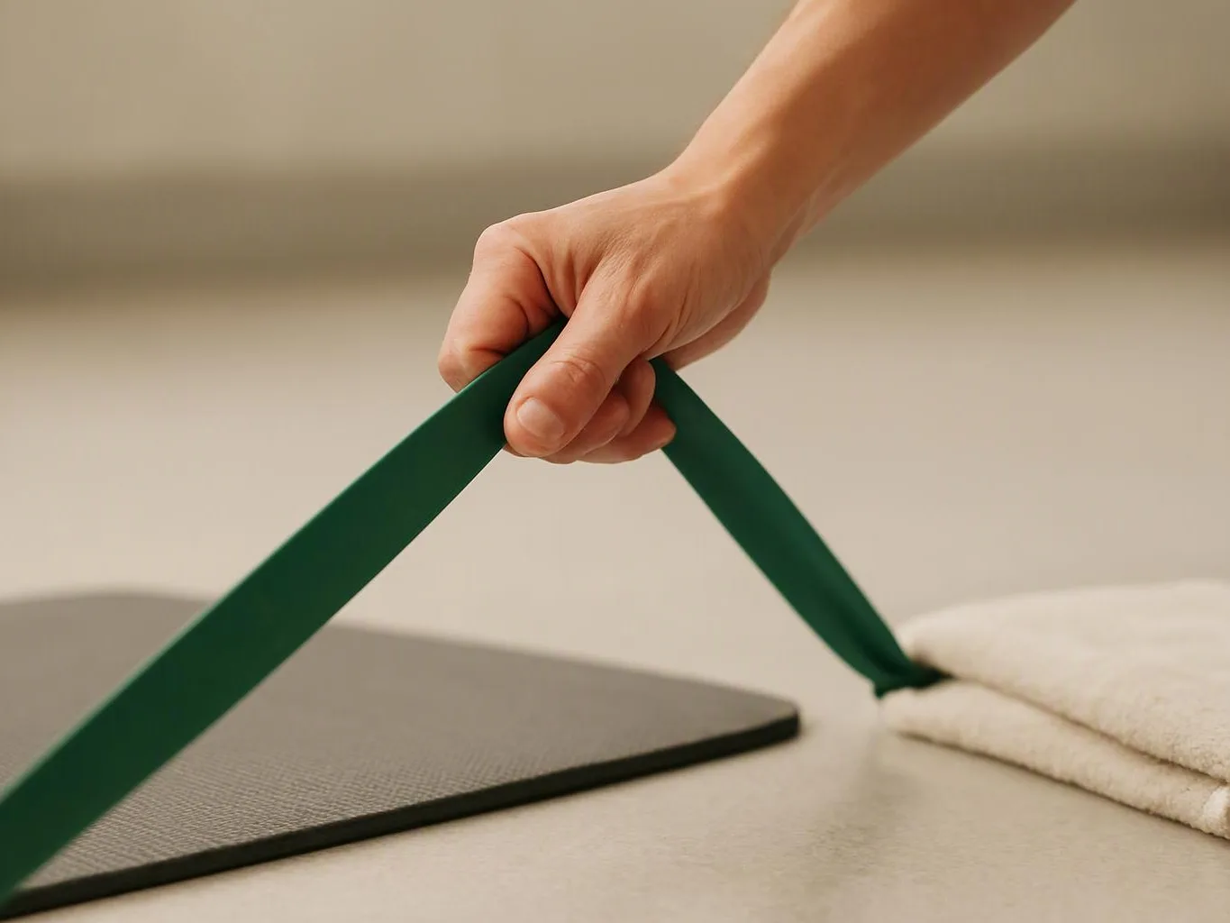 A hand pulls a green resistance band beside a folded towel and exercise mat