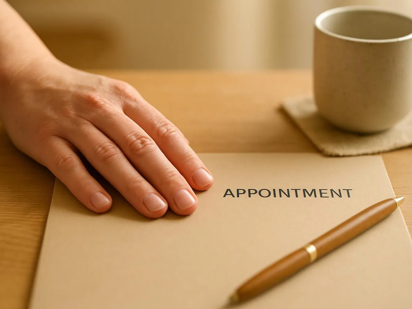 A hand rests on a beige folder labeled “APPOINTMENT” beside a pen and a cup on a wooden table