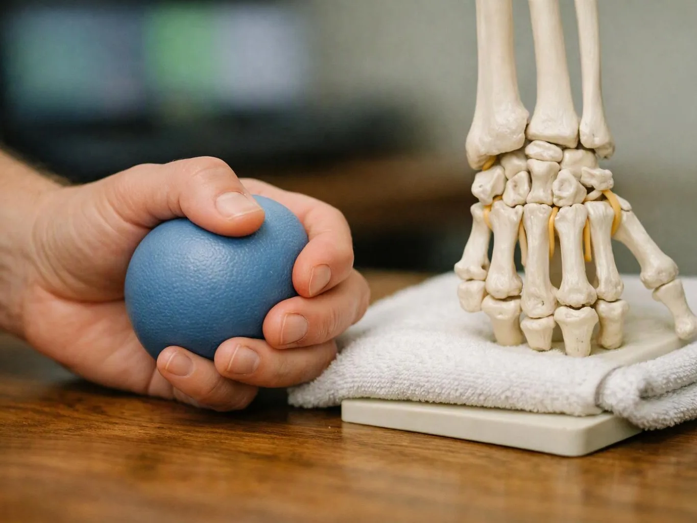 A hand squeezes a blue stress ball beside a small ankle bone model on a table