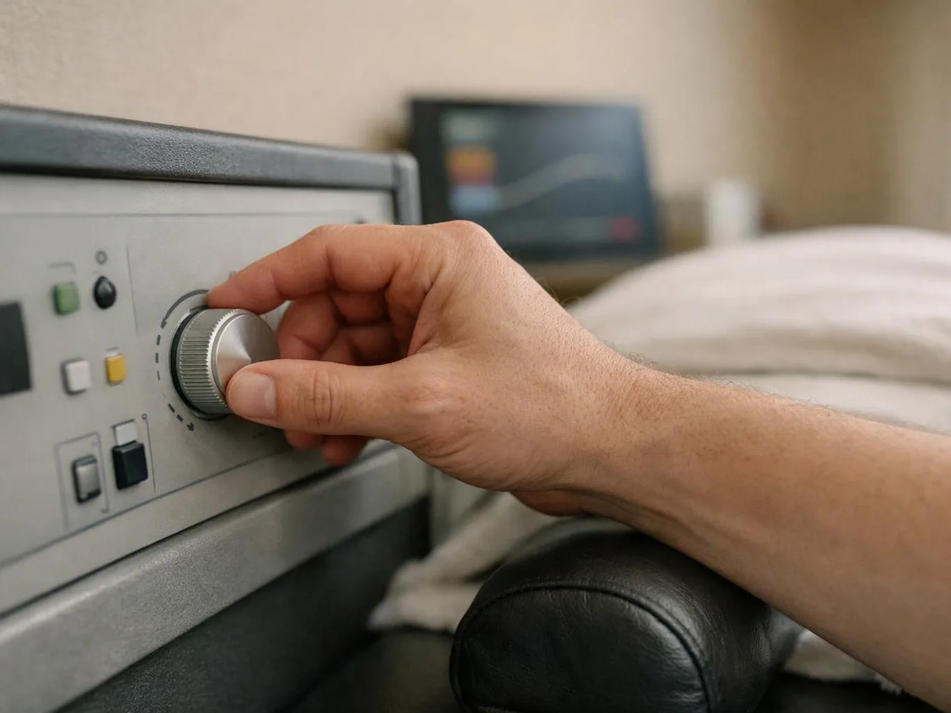 A hand turns a metal control knob on a panel beside a bed in a softly lit room