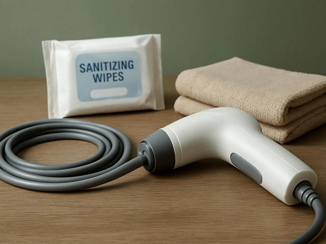 A handheld cleaning tool with a coiled cord sits beside sanitizing wipes and folded cloths on a wooden table