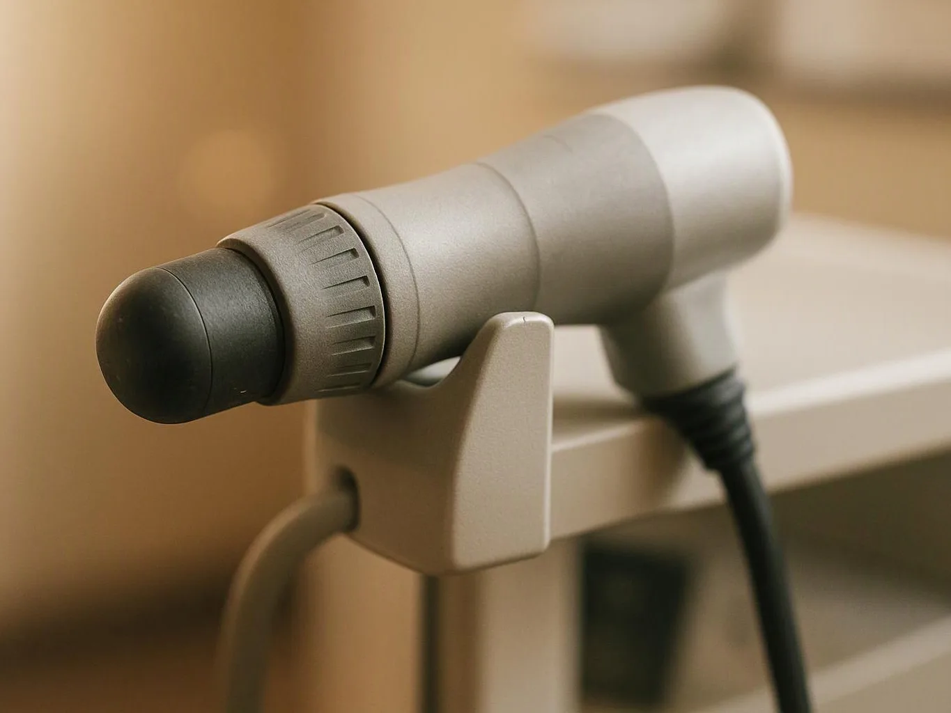 A handheld massage gun rests in a stand on a light-colored table, with a black cable attached