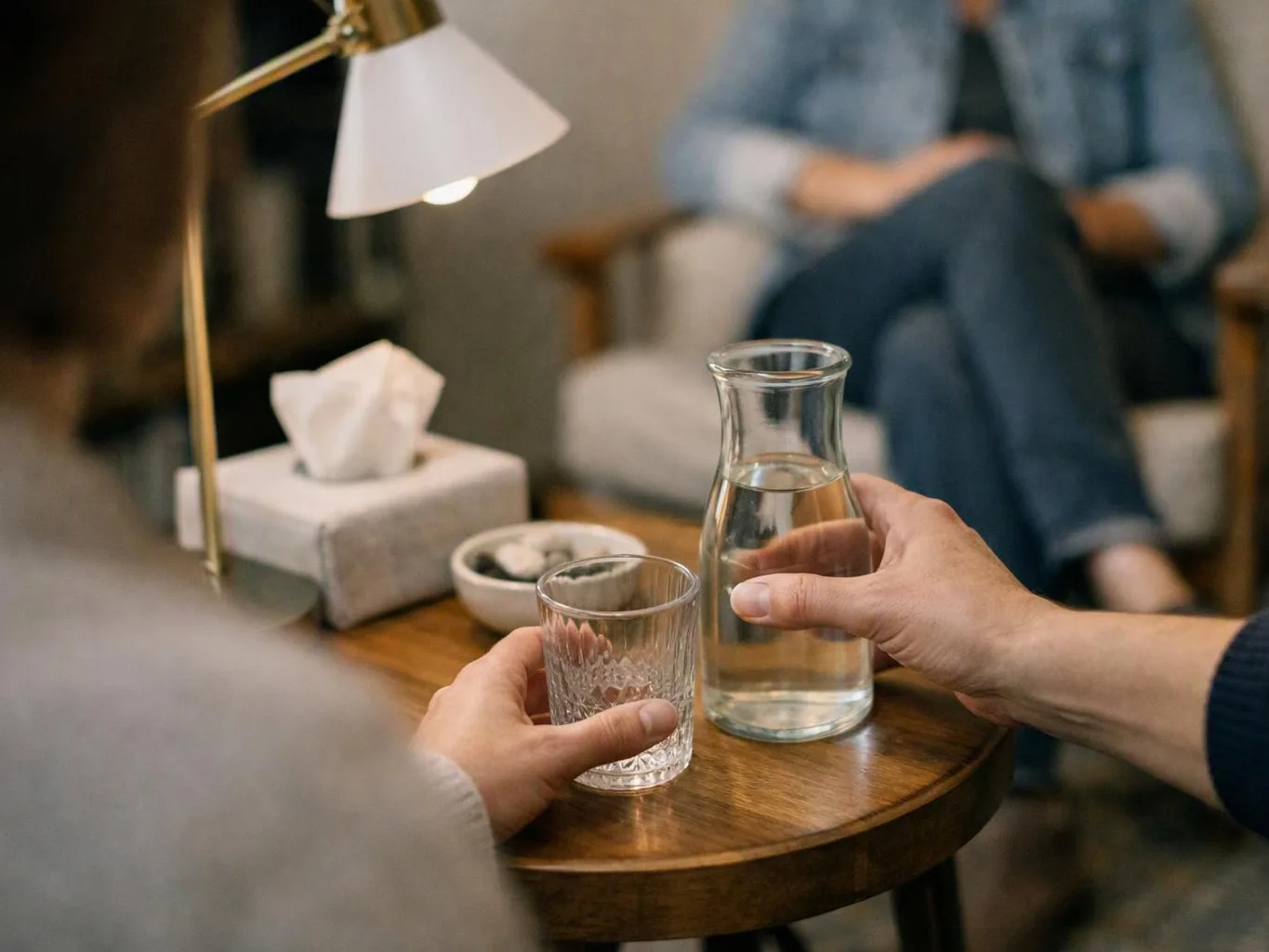 Hands hold a glass and water carafe on a wooden table beside a lamp and tissue box
