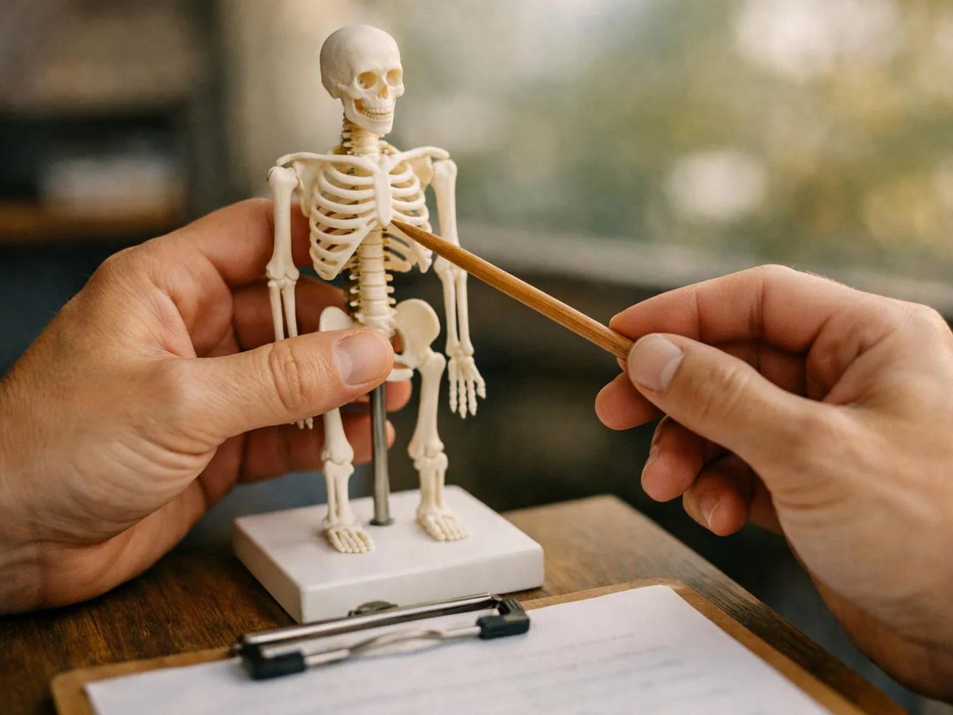 Hands hold a small skeleton model while a pencil points to its chest on a desk