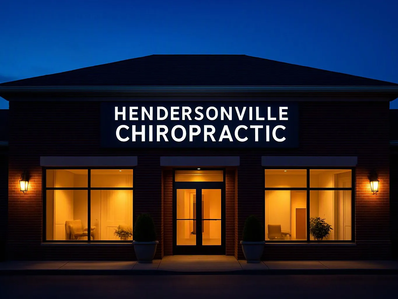 A lit storefront shows the sign "HENDERSONVILLE CHIROPRACTIC" above a glass entrance at dusk