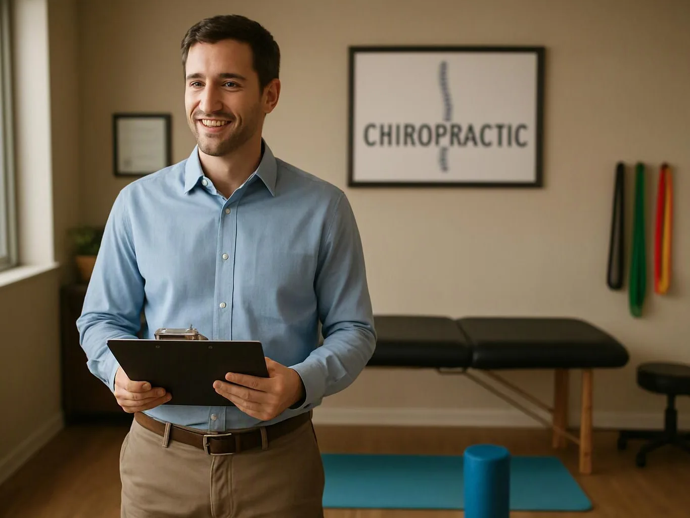 A smiling man holds a clipboard in a chiropractic treatment room with a table, exercise bands, and a mat
