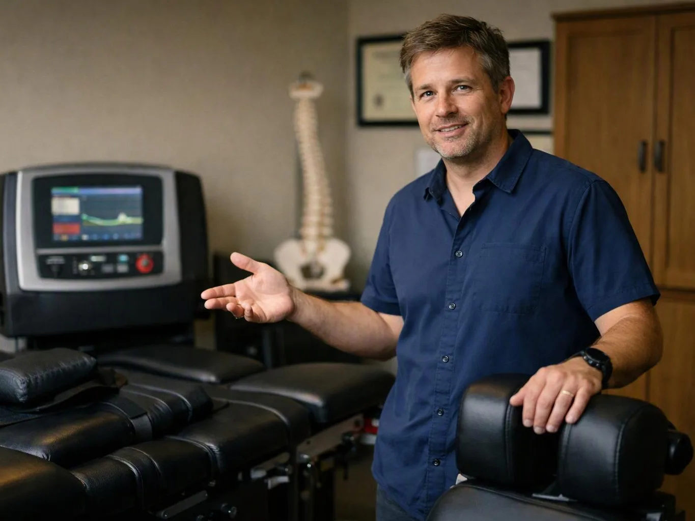 A smiling man stands beside a chiropractic table in a clinic, gesturing toward a treatment machine and spine model