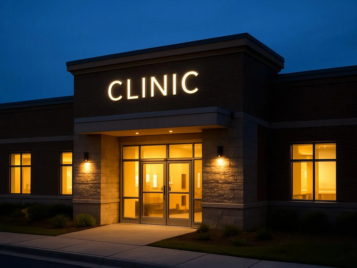 A lit clinic building stands at dusk, with glowing windows and glass entrance doors