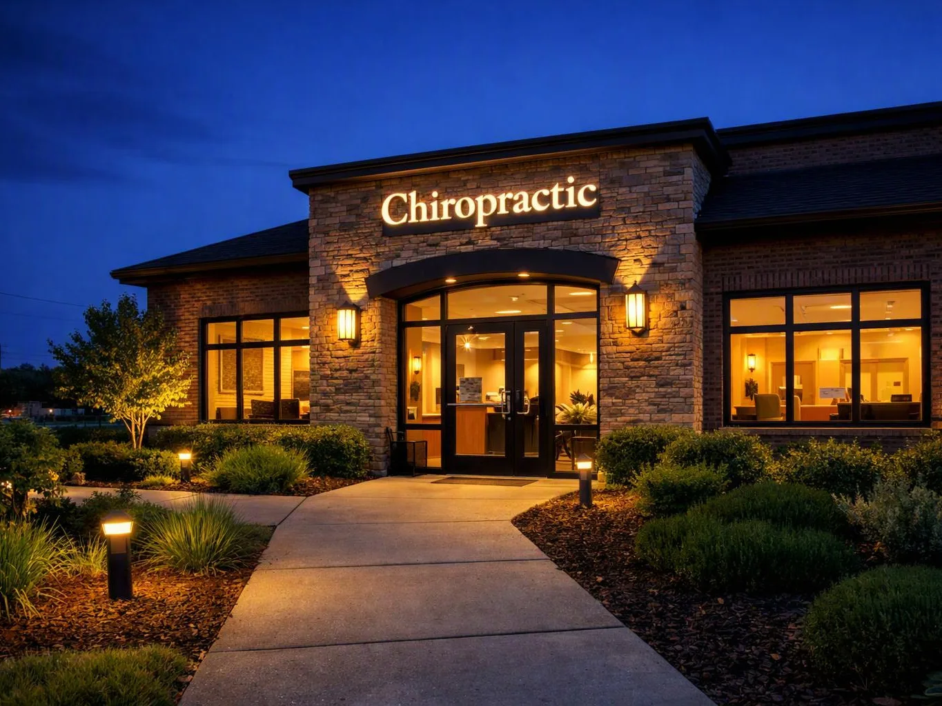 A lit stone building with a glowing “Chiropractic” sign stands beside a curved walkway at dusk