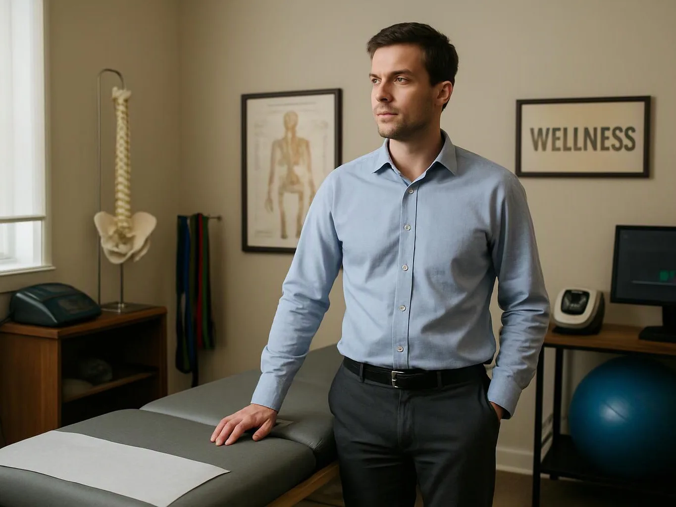 A man in a blue shirt stands beside a treatment table in a wellness exam room