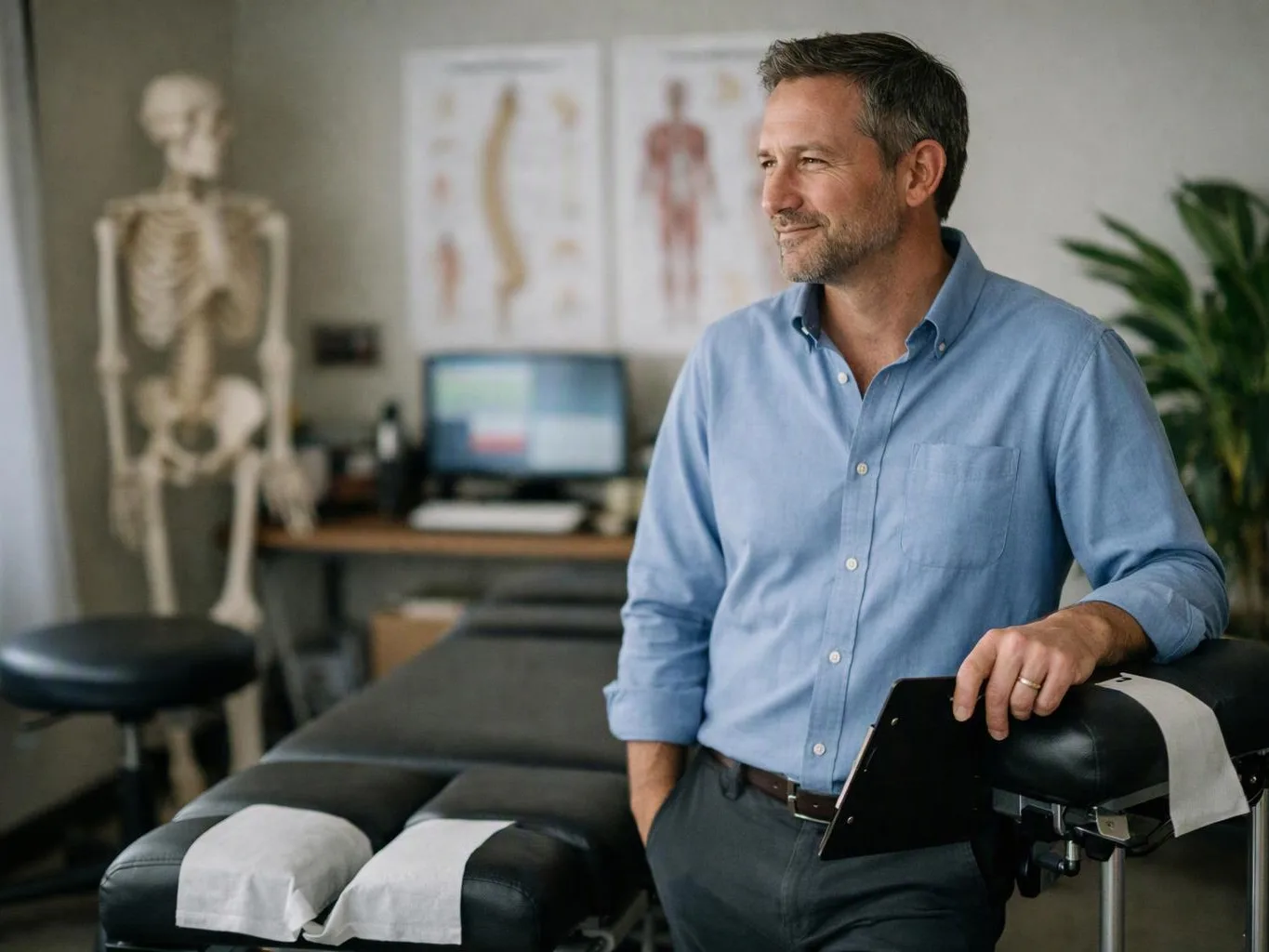 A man in a blue shirt stands in a clinic room beside an exam table and skeleton model