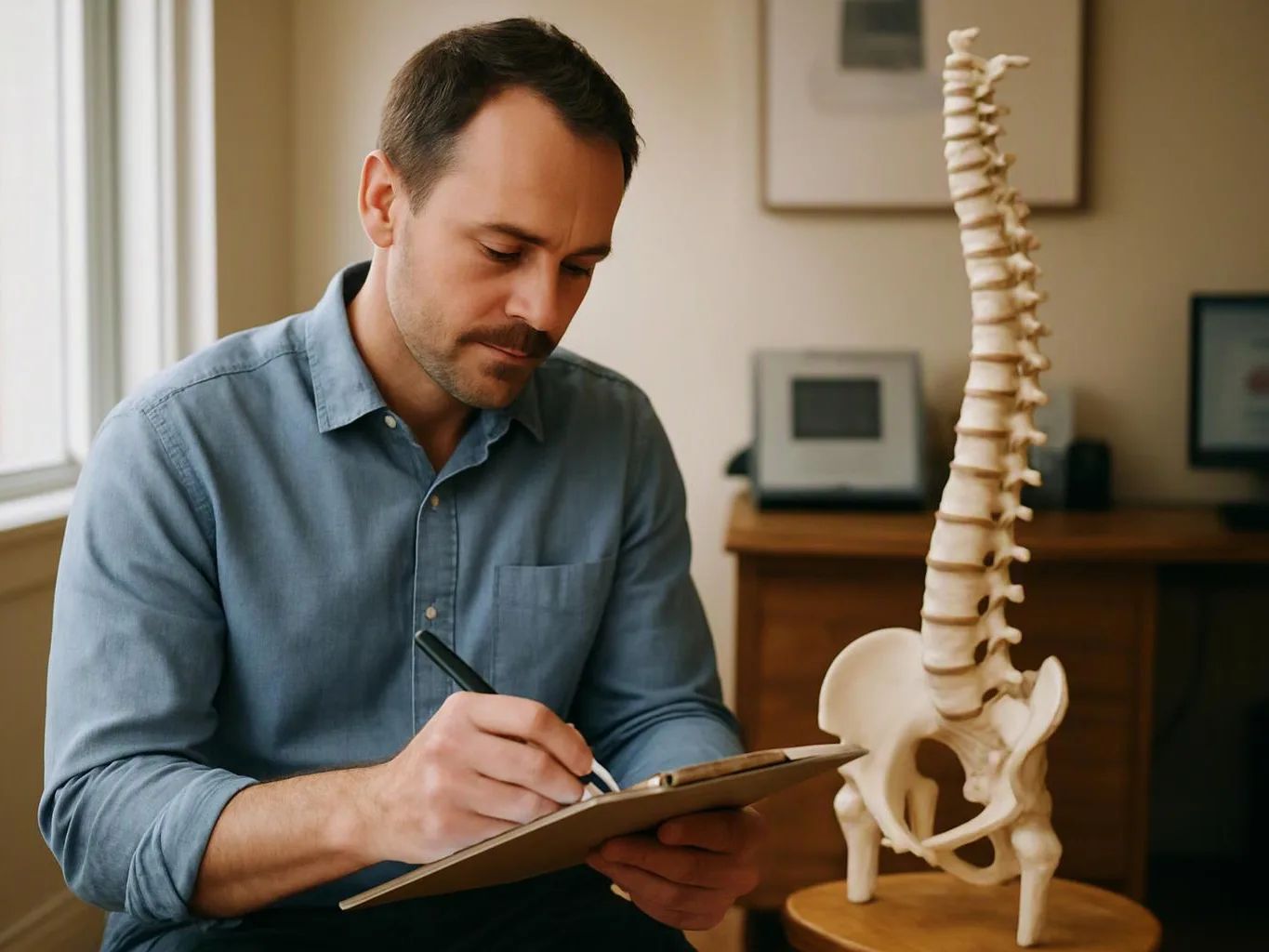 A man in a blue shirt writes on a clipboard beside a spine model in a small office