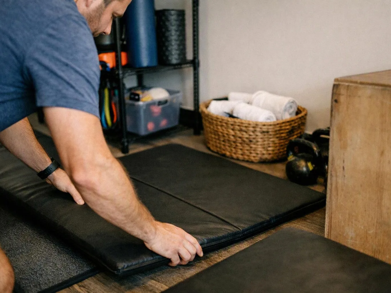 A man folds a black exercise mat in a small workout room with shelves, towels, and kettlebells