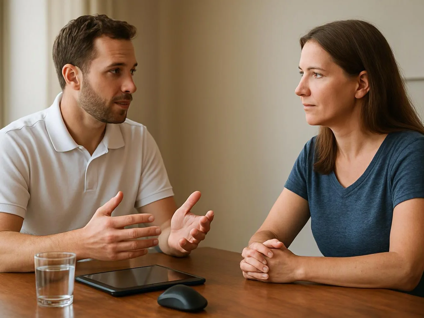 A man gestures while speaking to a woman across a wooden table with a tablet, mouse, and glass of water