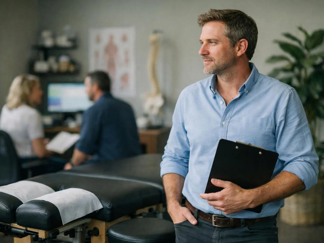 A man holds a clipboard beside an exam table in a clinic, with two people talking near a computer in the background