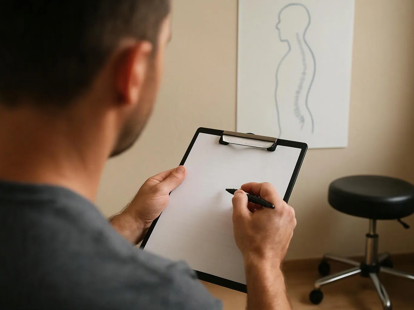 A man holds a clipboard and pen while facing a spine outline on a wall in a clinic room