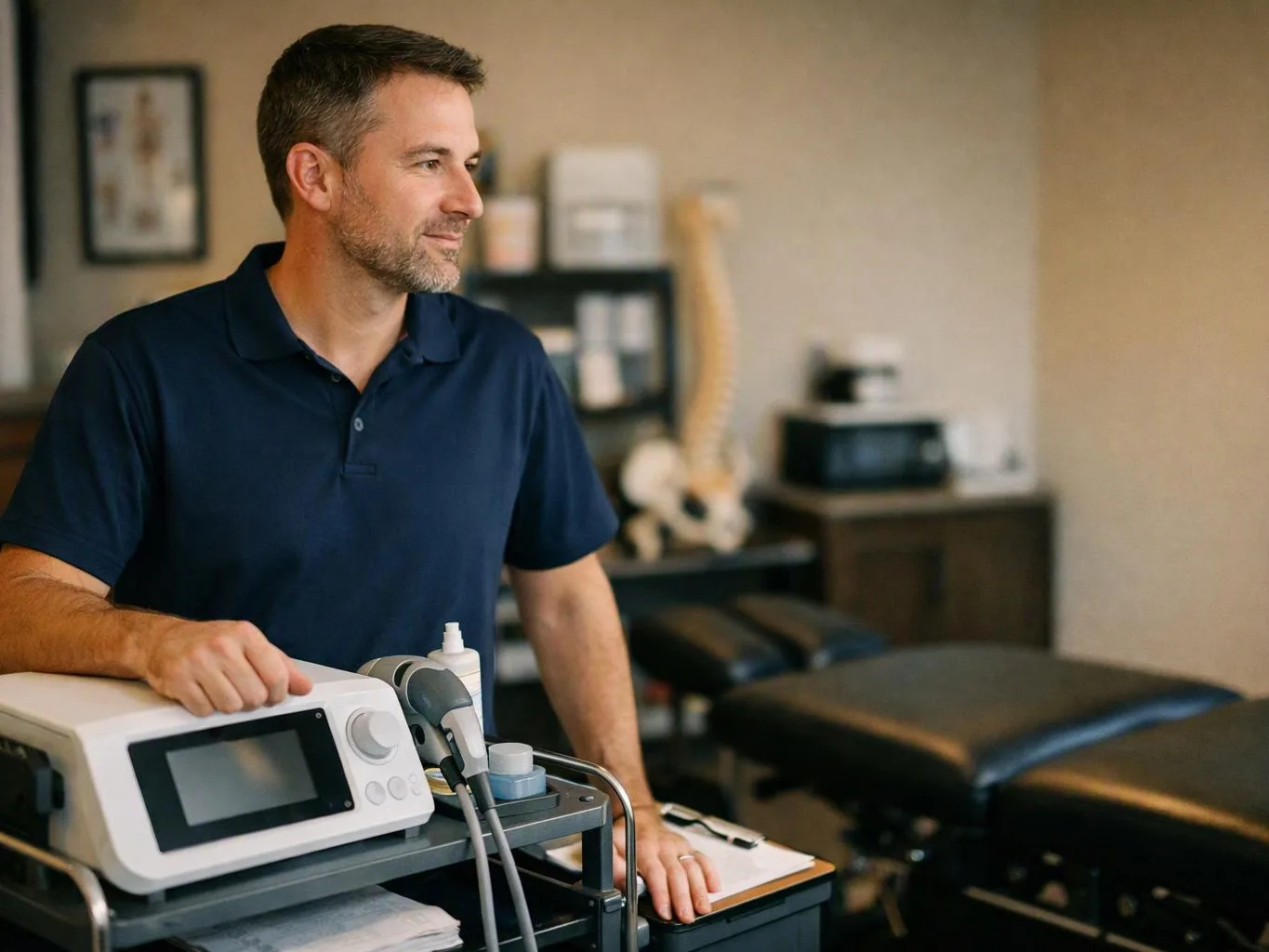 A man in a navy polo stands beside medical equipment in a treatment room, with exam tables behind him