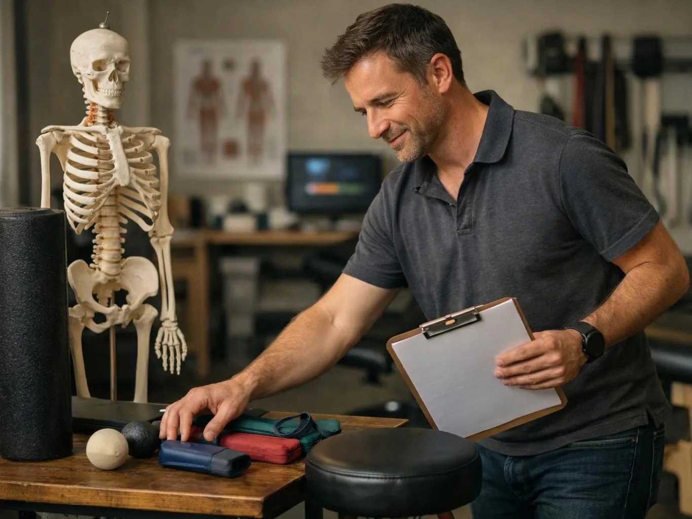 A man reaches for therapy tools beside a skeleton model in a clinical workspace