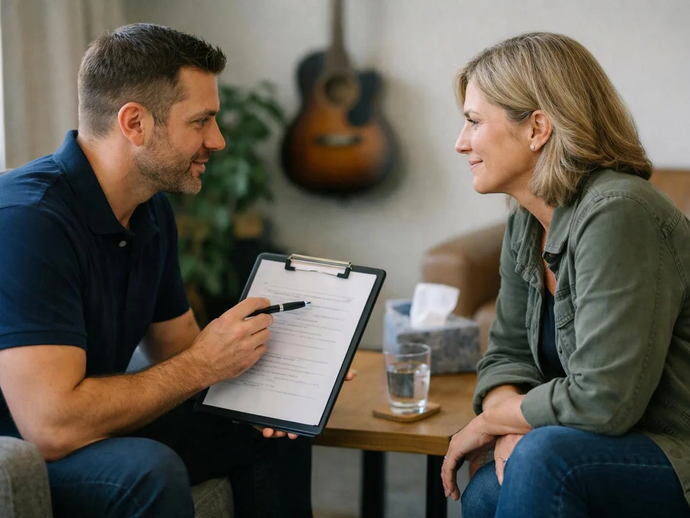 A man shows a clipboard to a smiling woman in a cozy room with a guitar and a water glass behind them