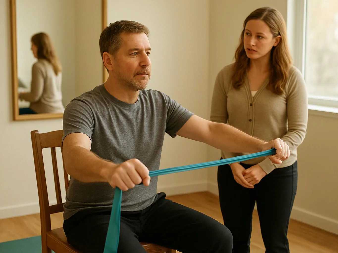A man sits on a chair stretching a blue resistance band while a woman watches beside him in a bright room
